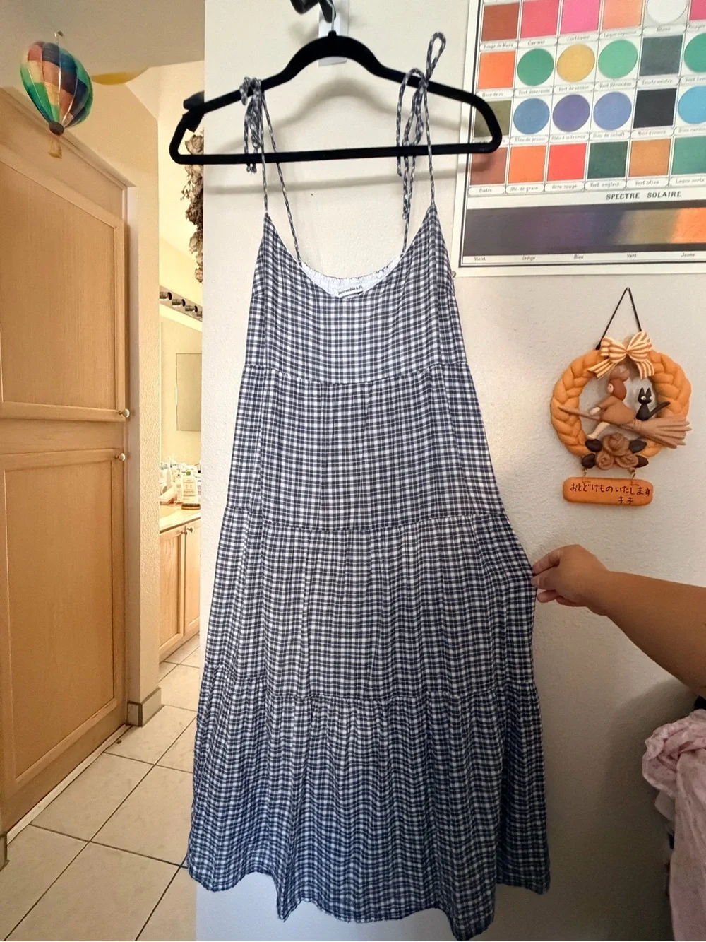 Abercrombie & Fitch Blue/Grey Gingham Tie-Strap Tiered Maxi Tent Dress